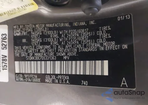 2013 Toyota Sienna Le V6 8 Passenger z USA, uszkodzony, nr VIN 5TDKK3DC7DS331363